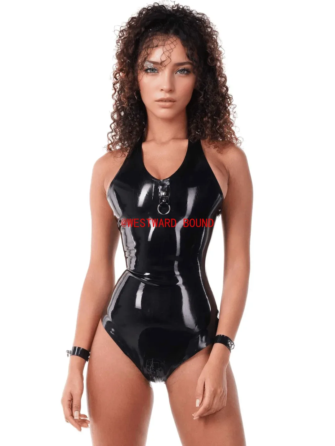 Sleeveless Jumpsuit - sexy zwarte latex halter bodysuit ringdetail