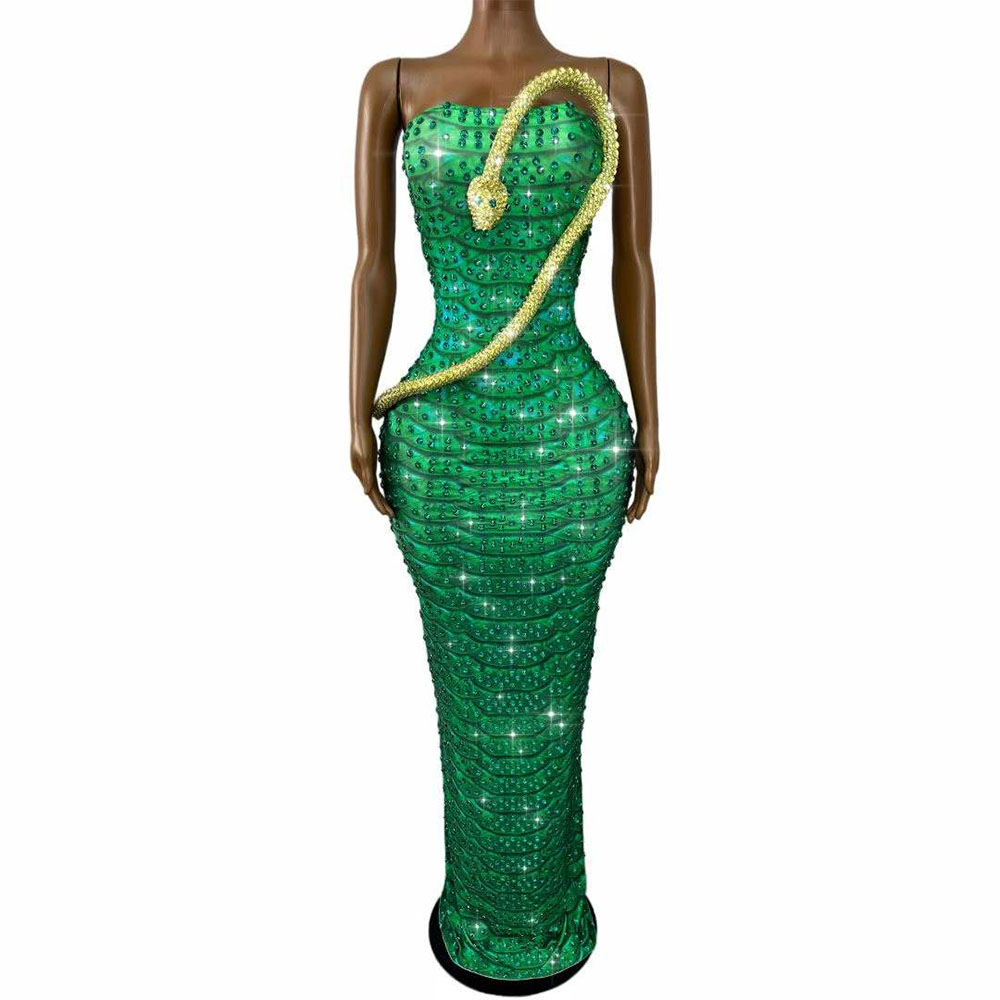 Women Fashion Designer Dresses Photos - Glinsterende groene strass-steentjes, slangenontworpen buisjurk, avondcocktailjurk,