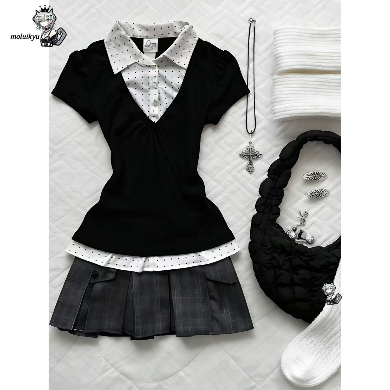 Pleated Skirt Women - Y2K Preppy tweedelige outfit nep tweedelige